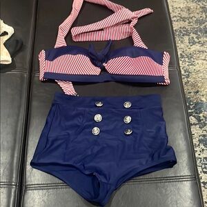 Striped Bikini Top and High-Waisted Shorts Set